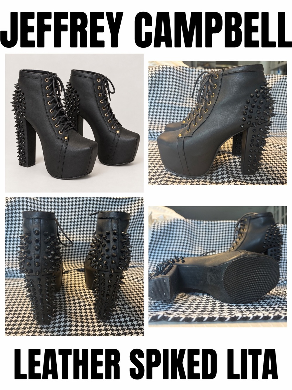 Jeffrey Campbell Black Leather Spiked Lita Platform Boots